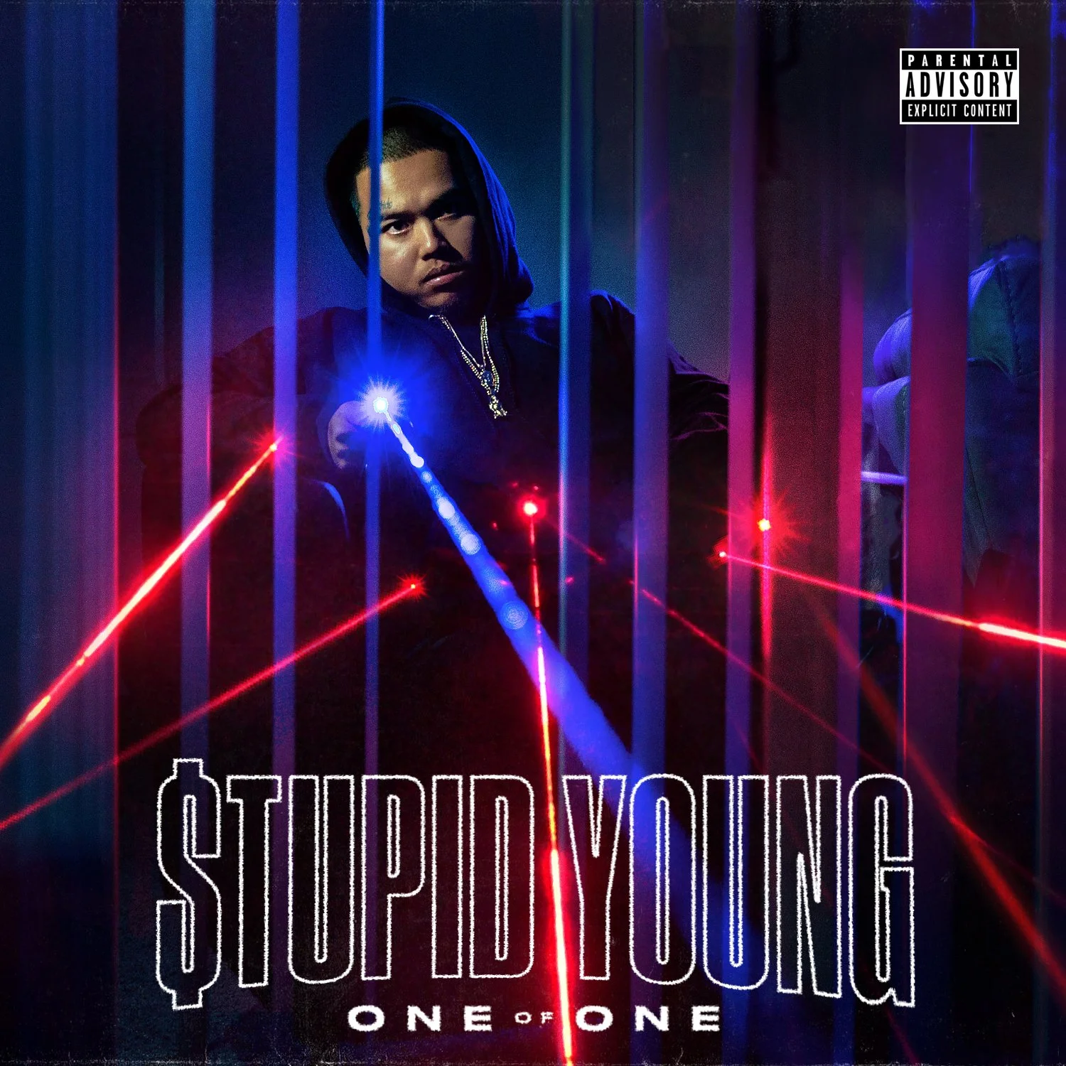 Album cover featuring a person in a dark hoodie surrounded by red and blue laser beams, with text reading '$tupid Young - One of One' and a parental advisory label in the corner.