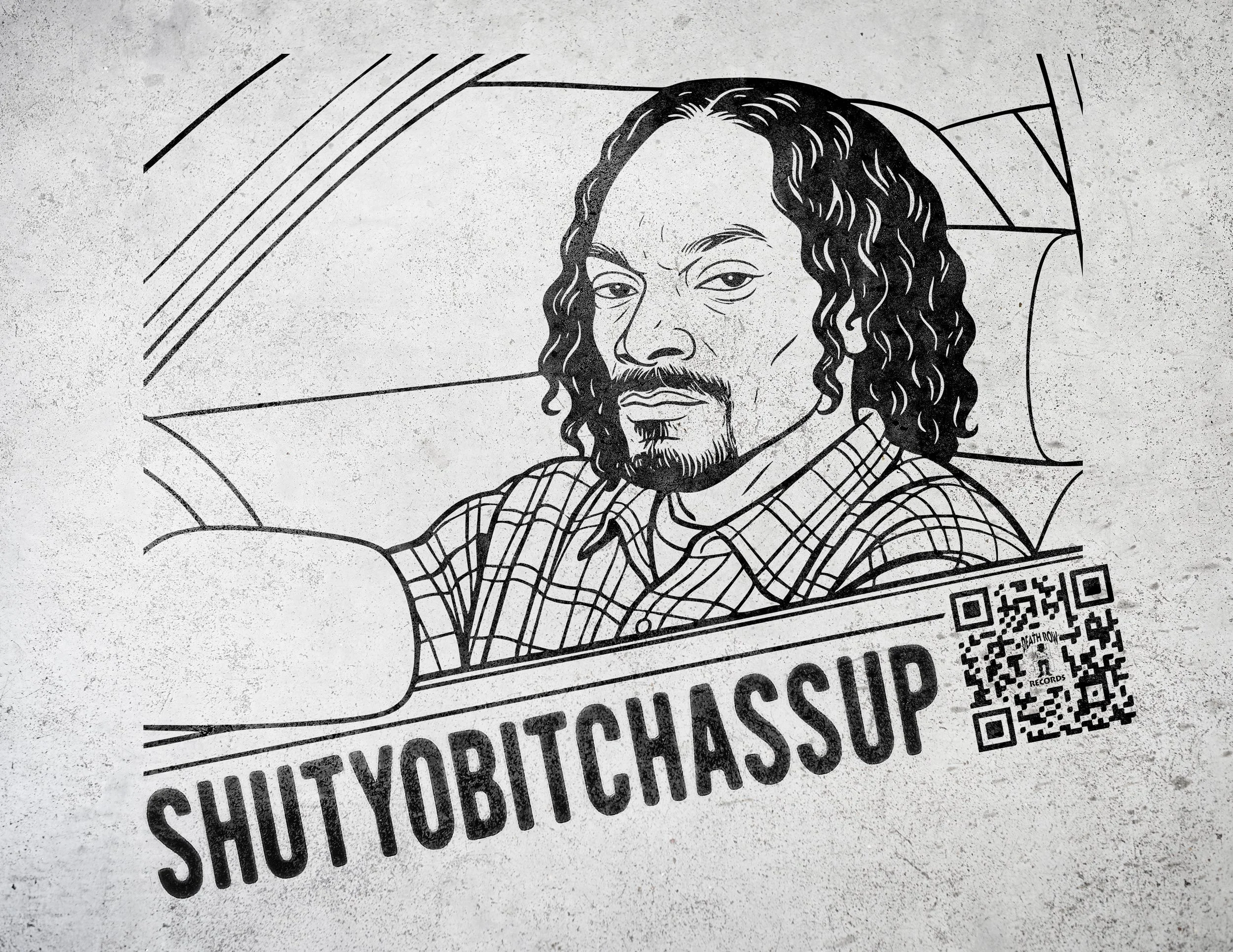 Illustration of a person in a car with the text "SHUTYOBITCHASSUP" and a QR code.