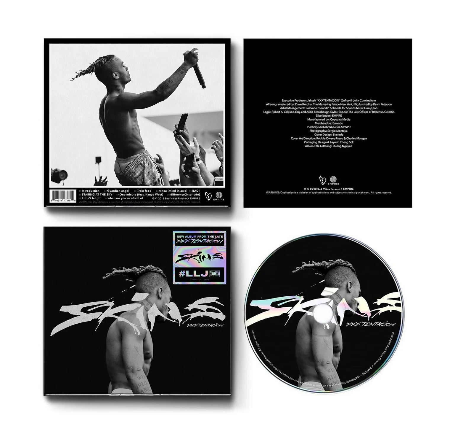 Album artwork and CD for "Skins" by XXXTentacion featuring black background and grayscale images of the artist with a microphone and tattooed back.