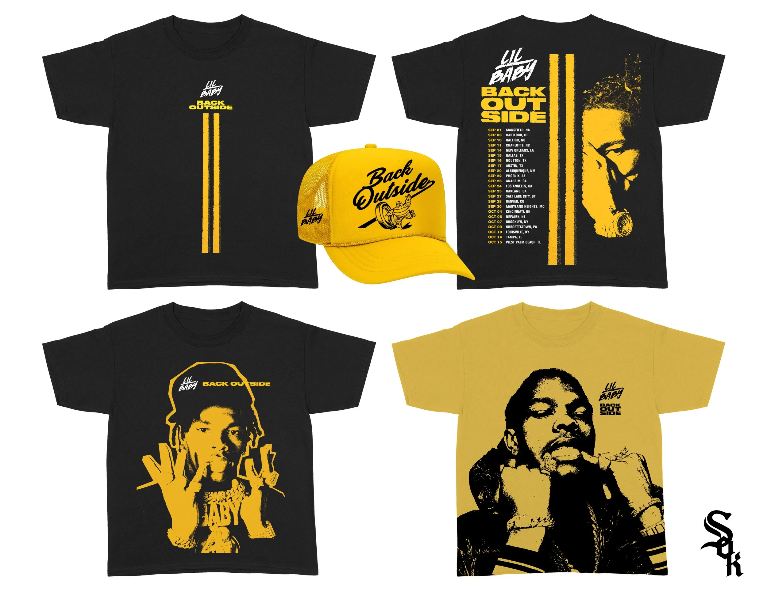 Collection of black and yellow clothing featuring graphic designs related to "Back Outside" theme, including four t-shirts and a cap.