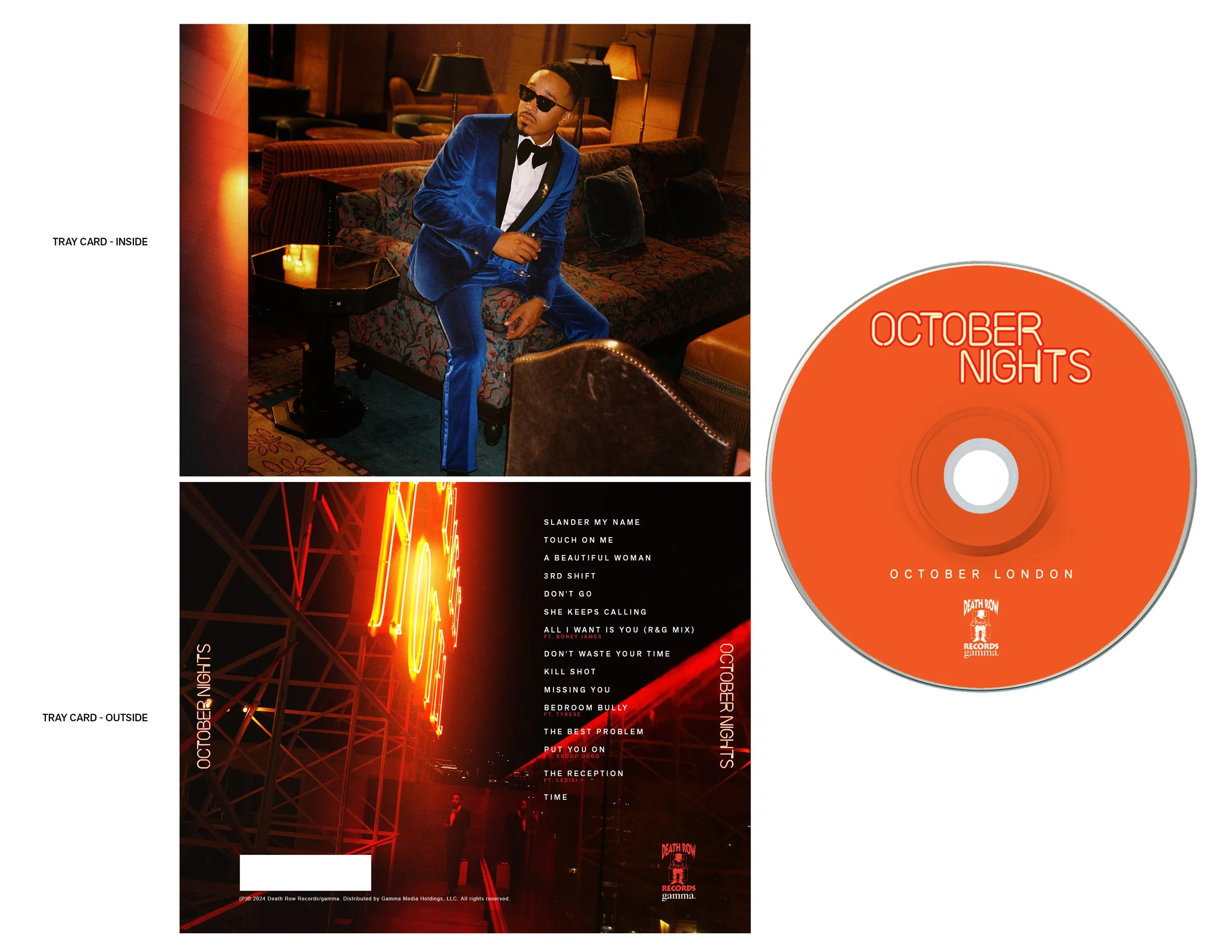 Album cover and CD titled 'October Nights' by October London, featuring a man in a blue suit sitting in a lounge and a list of tracks, with branding from Death Row Records and Gamma.