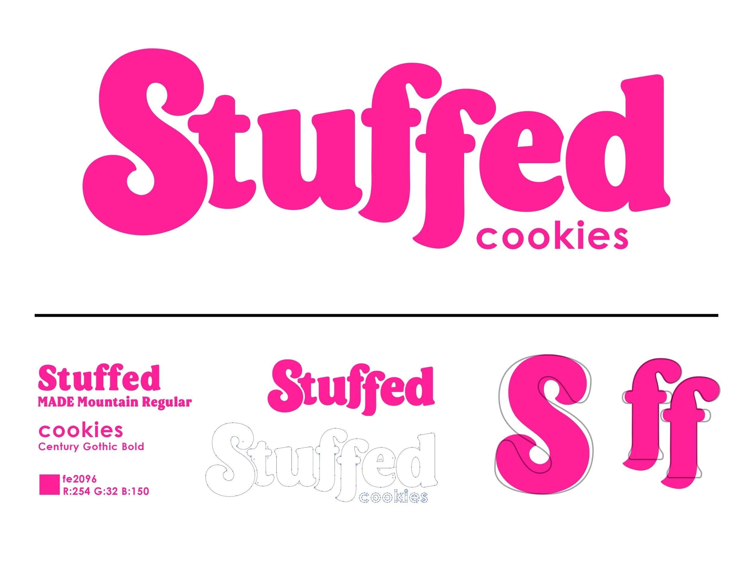 Graphic design layout showing the word 'Stuffed' in pink bold text, styled with MADE Mountain Regular font. The word 'cookies' is in smaller pink text using Century Gothic Bold font. Includes color information and variations of the logo and letters.