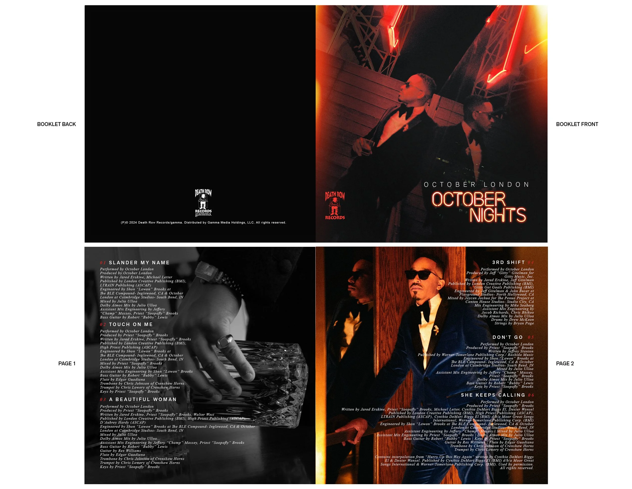 Album booklet for "October Nights" by October London featuring cover art with two men in suits under neon lights, another page displaying a hand holding a glass, and track listings with credits for songs like "Slander My Name" and "3rd Shift." Produced by Death Row Records.