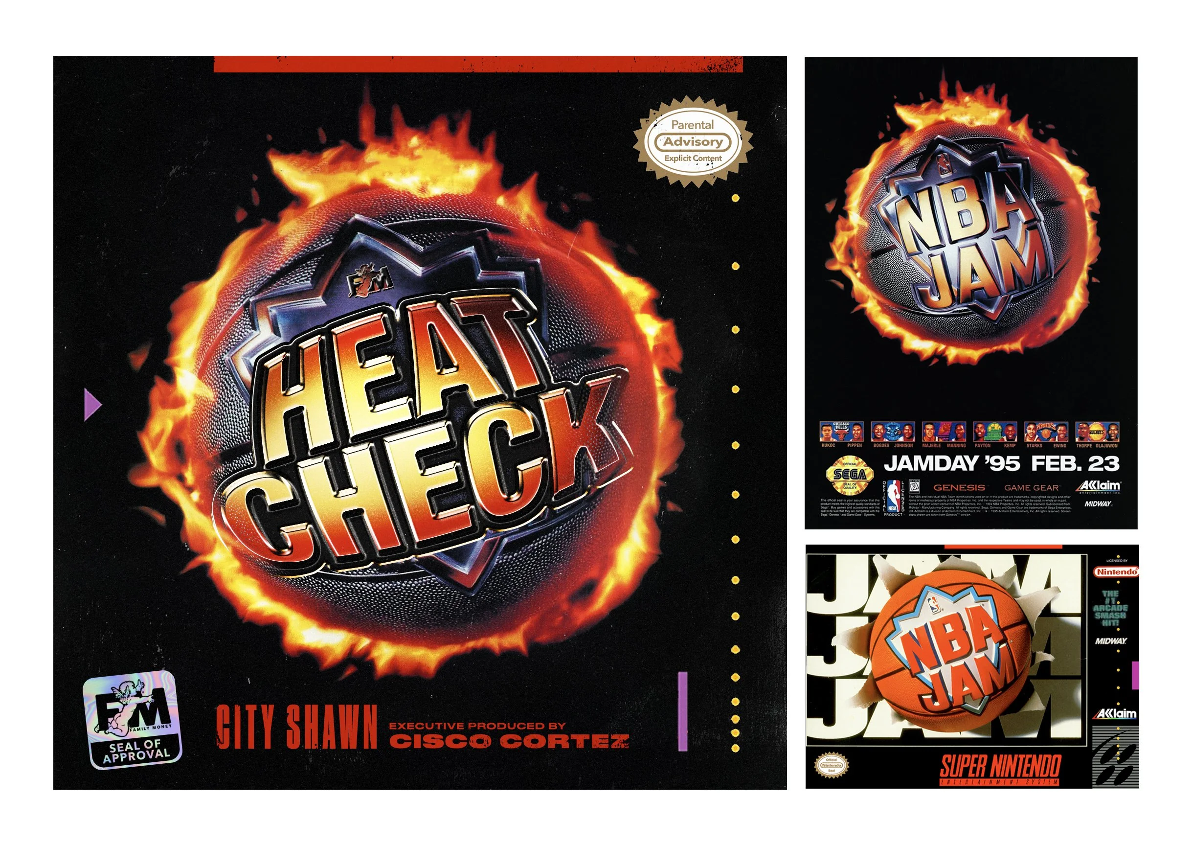 Collage of 'Heat Check' and 'NBA Jam' video game covers, featuring fire-themed graphics and various logos for Super Nintendo and Sega Genesis.