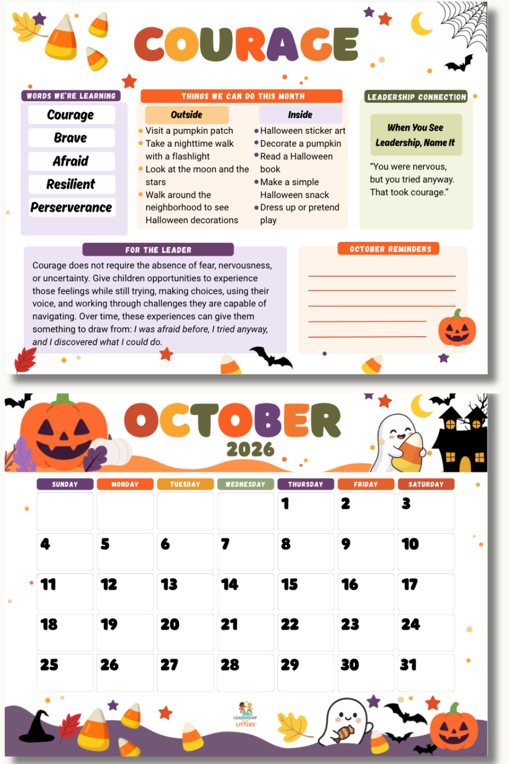 Leadership for Littles™ October 2026 Calendar | Courage