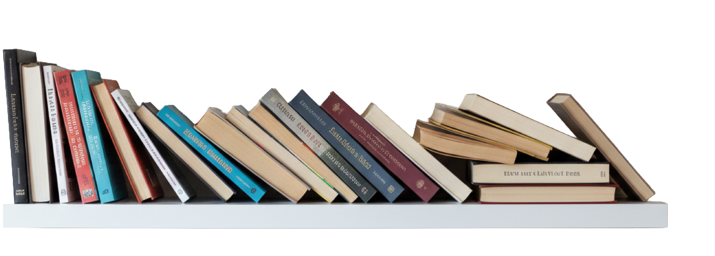 A bookshelf with books leaning to the side and some stacked horizontally, on a white shelf.