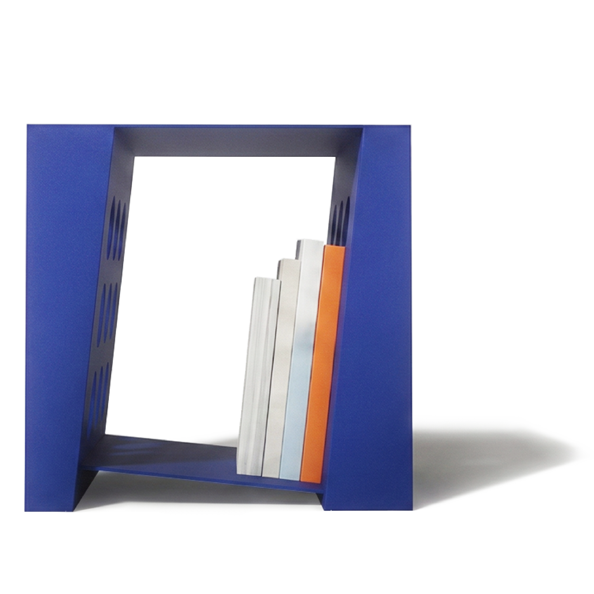 Front view of the Tilted Book Seat in matte blue, holding books upright with tilted supporting panels.