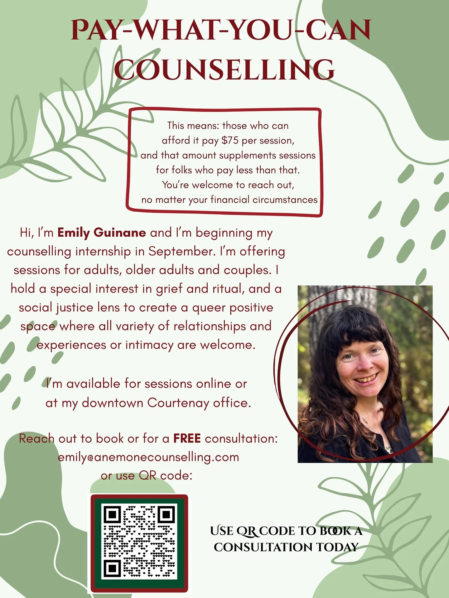 *Booking for September, but book your consultation now🌱
.
You may see this sweet poster around town! Emily will be joining me in my practice as a counsellor-student with CityU university. 🌟
.
She&rsquo;s offering a pay-what-you-can fee system, wher
