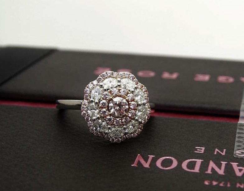 18ct white and rose gold Argyle pink diamond triple halo ring. 