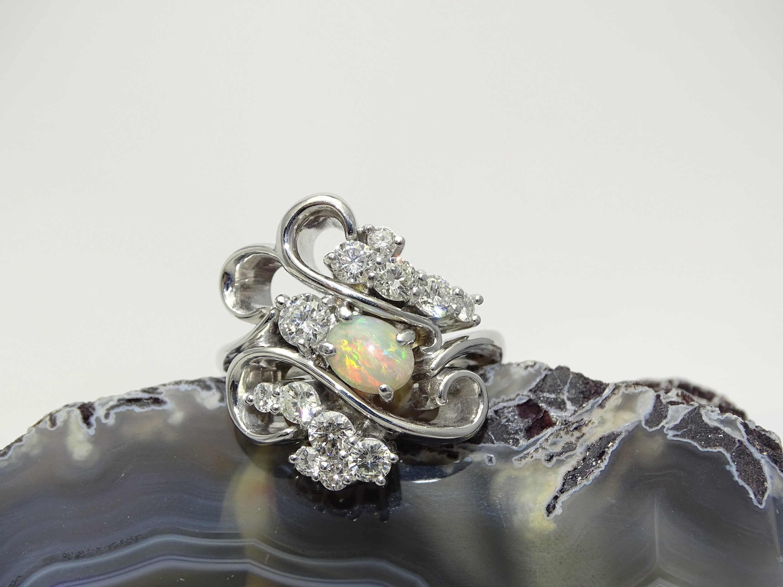 18ct white gold diamond and opal ring. 