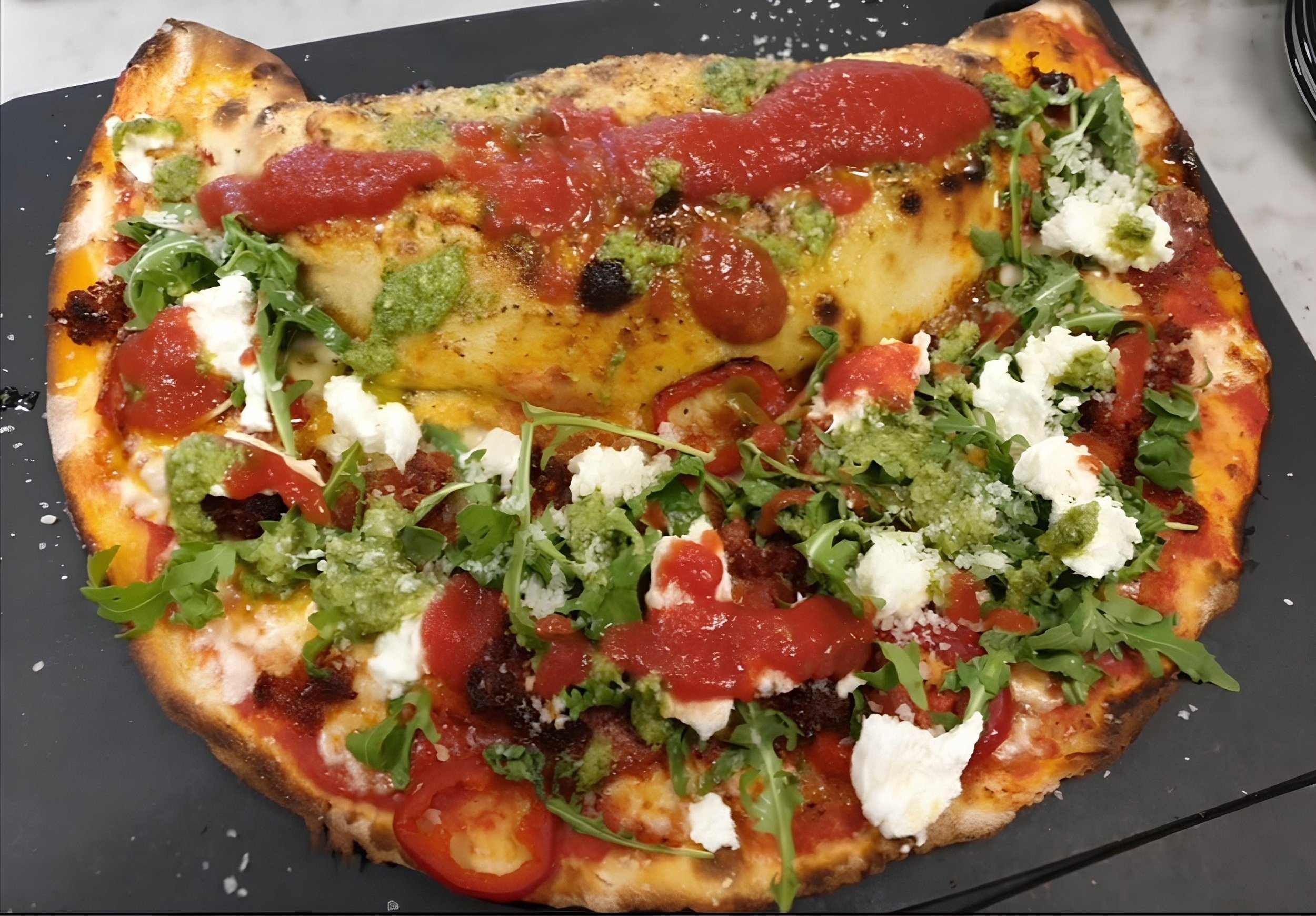 Mixed pizza with calzone center, topped with arugula, ricotta, tomato sauce, and pesto.