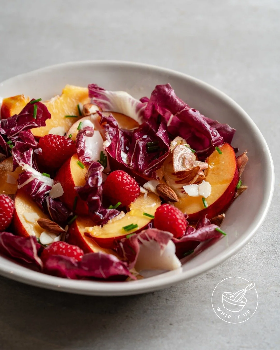 Dish #3 in our Salad series is  a Nectarine &amp; Raspberry Radicchio Salad with Almonds, its fresh, fruity, crunchy, and a little unexpected.🥬

The fruit adds a lovely sweetness to the dish when paired with the radicchio, and the flaky almonds are 