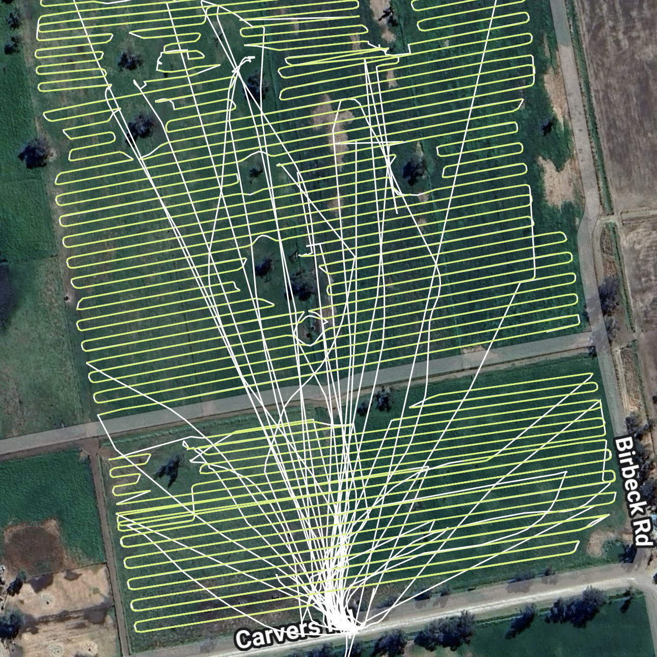 Aerial view of a solar panel installation with outlined panels and white lines indicating the layout on a grassy area bounded by roads, including Carvers Lane and Brideck Road.