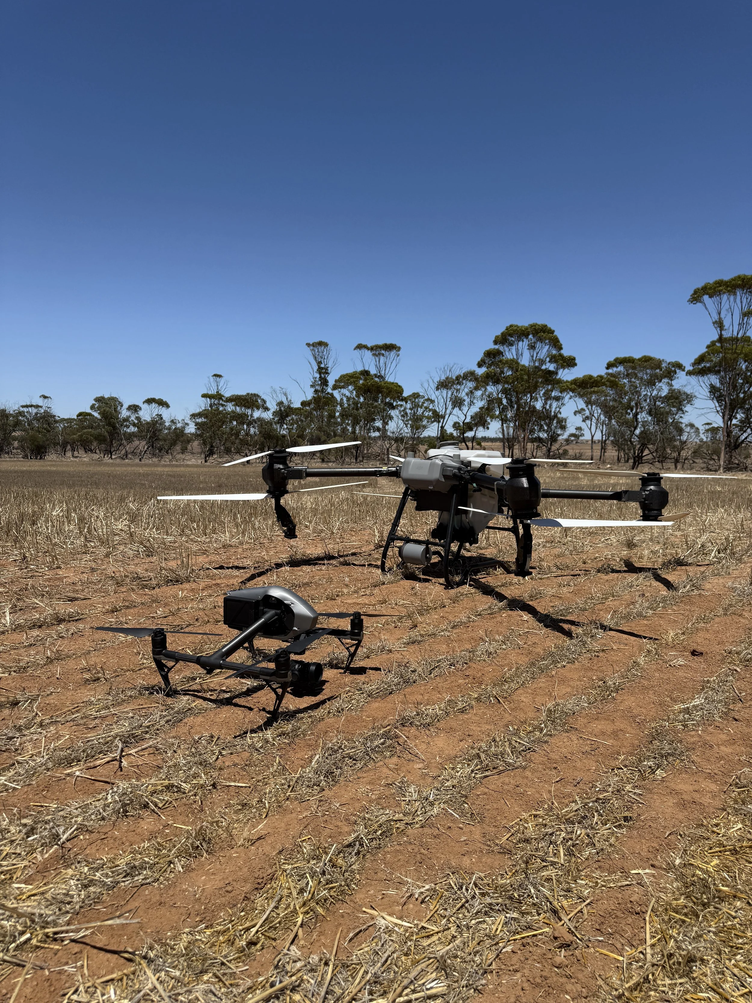 Two drones on dry, grassy field with trees in the background under a clear blue sky.