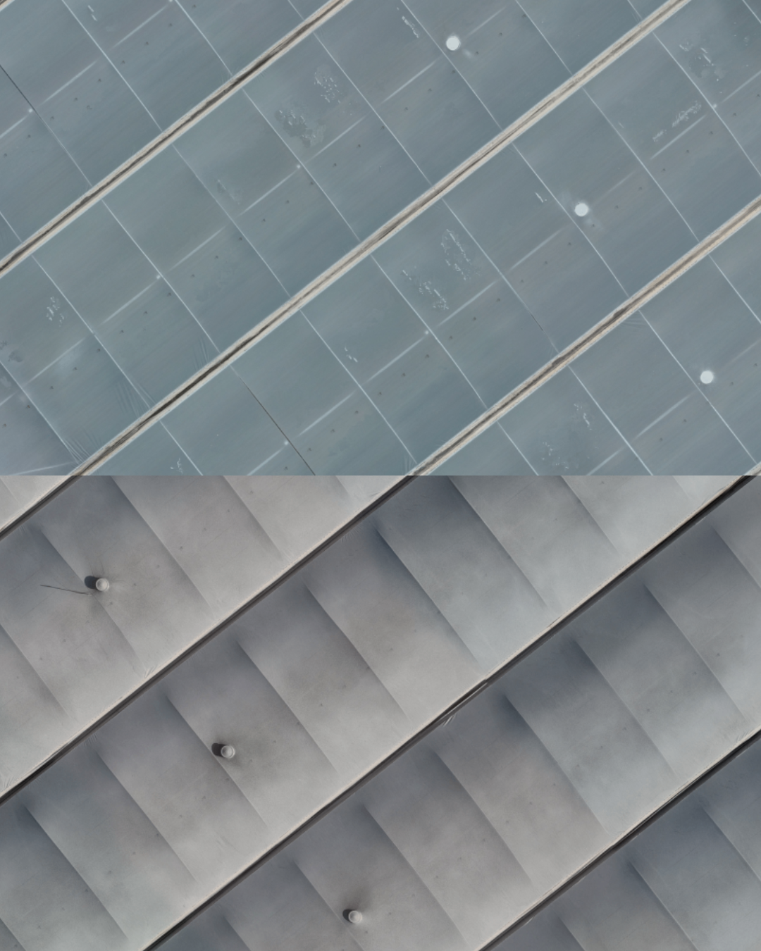 Close-up of a metallic rooftop with rows of panels, showing a contrast between weathered and newer sections.
