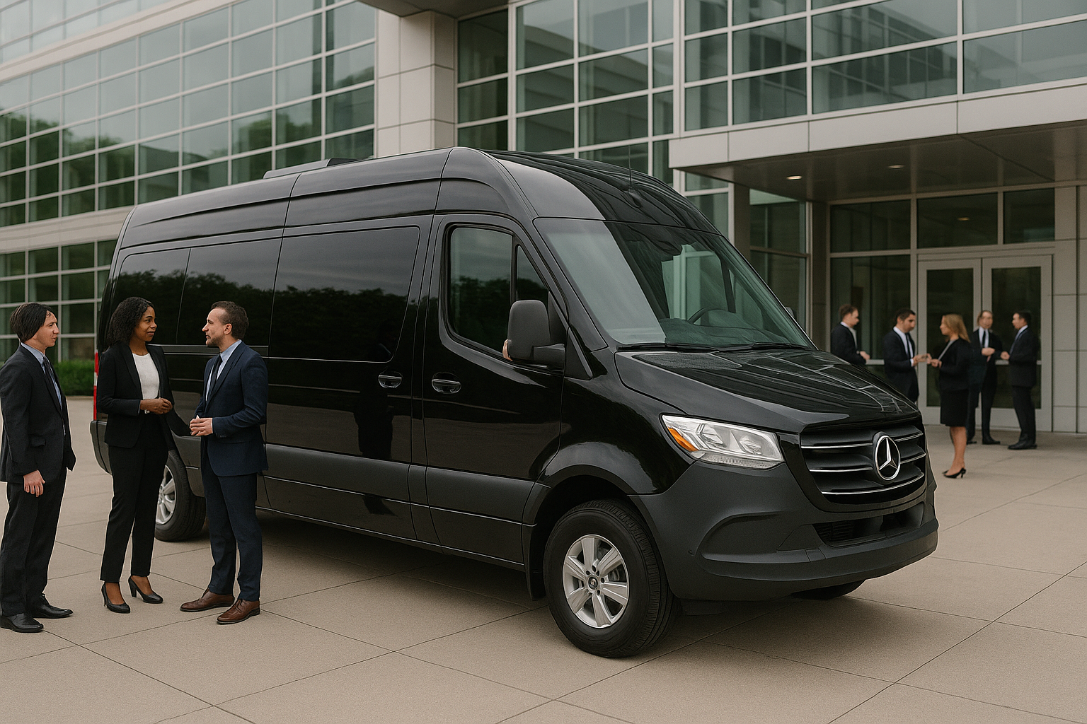 Black Mercedes-Benz sprinter van parked outside modern office building with business professionals chatting nearby.