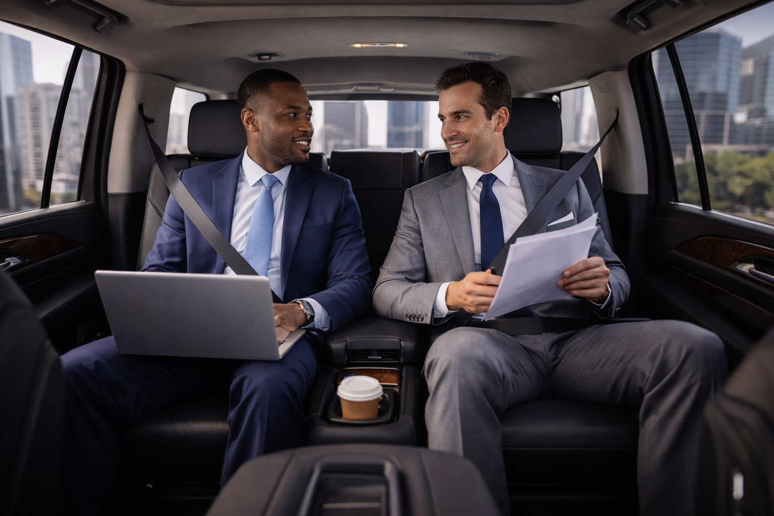 Two businessmen in suits sitting in the backseat of a car, engaged in conversation with city buildings visible through the windows.