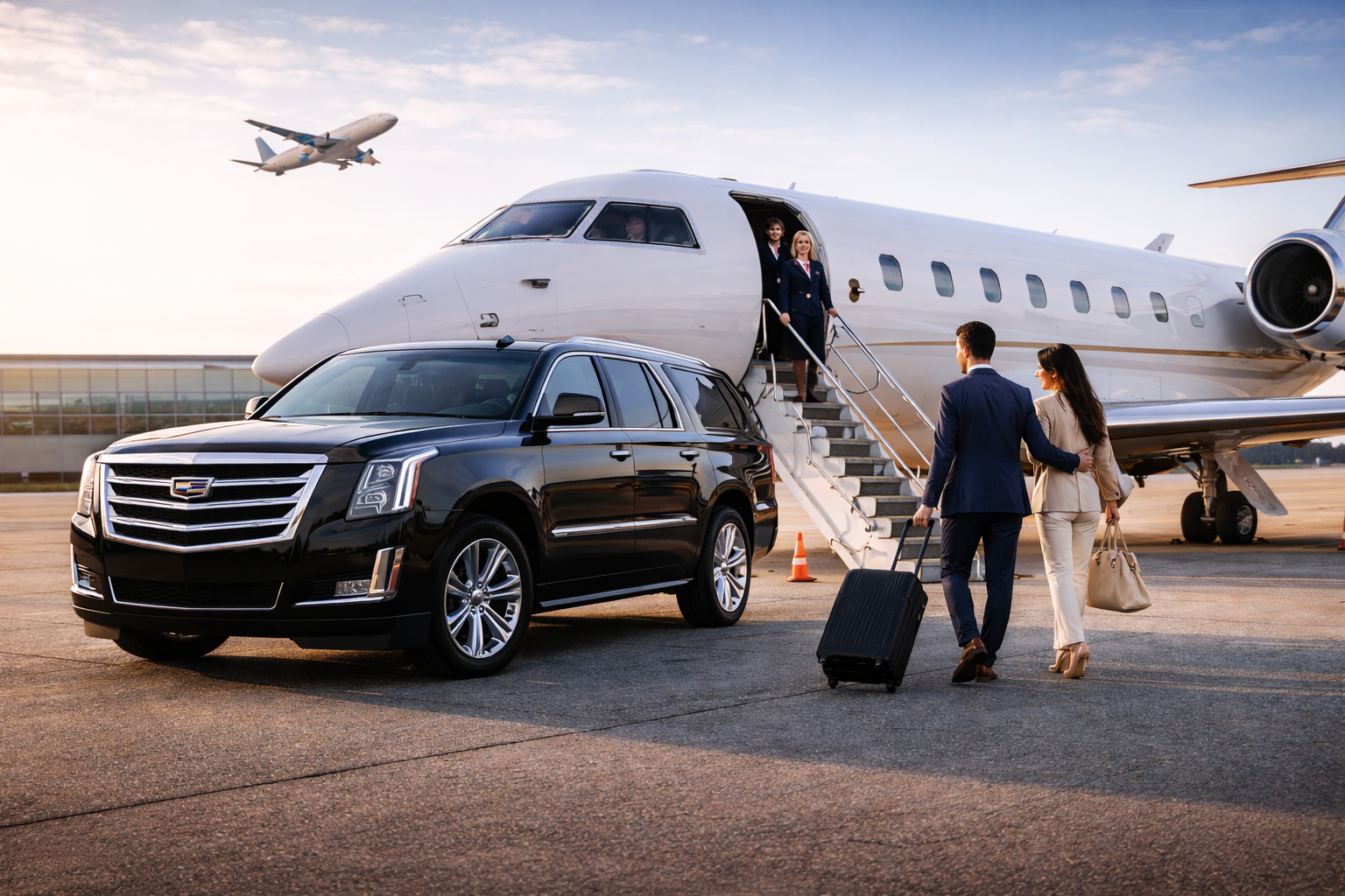 Business travelers boarding a private jet at an airport with a luxury black SUV parked nearby and a smaller plane in the sky at sunset.