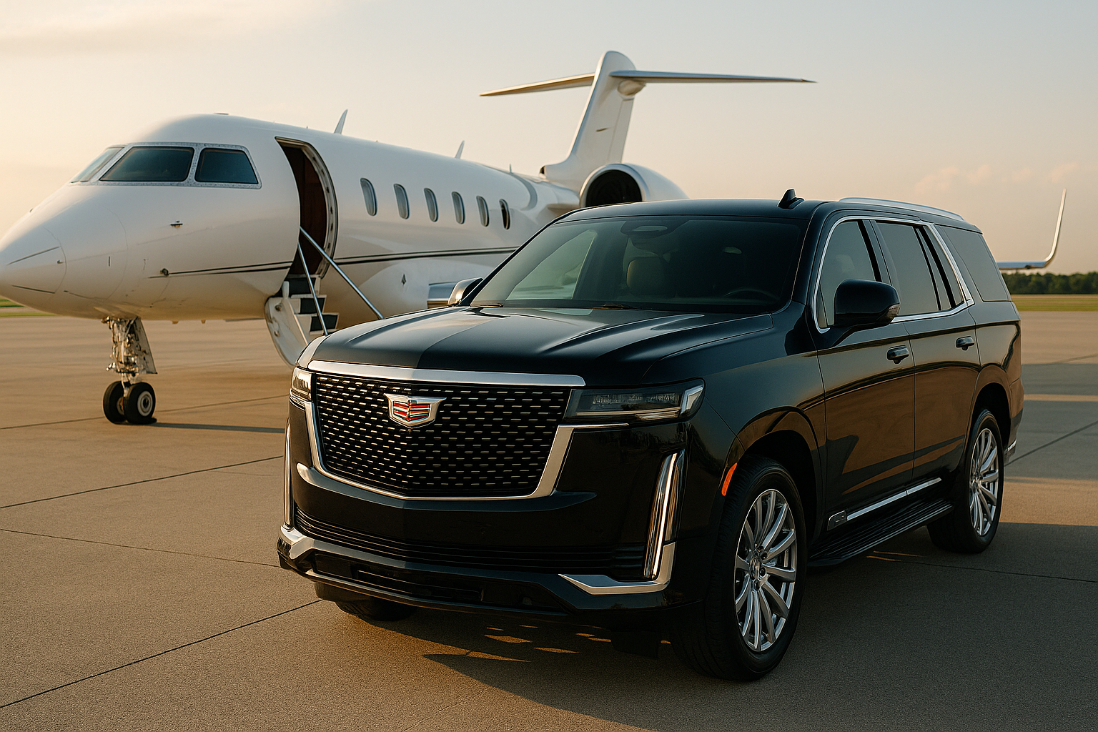 A black luxury SUV and a white private jet parked on an airport tarmac at sunset.