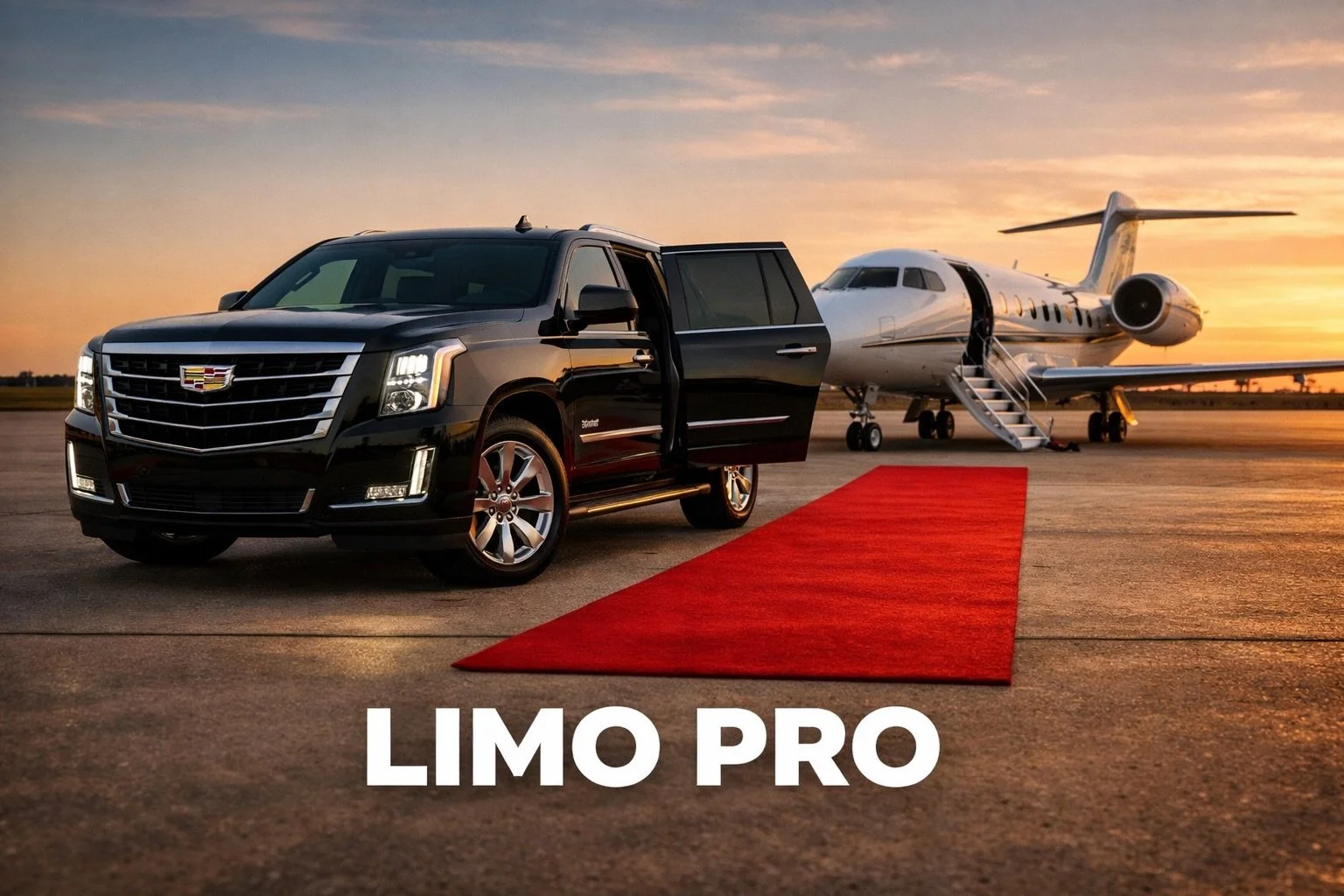 Black Cadillac limousine with open door on red carpet, private jet in the background at sunset.