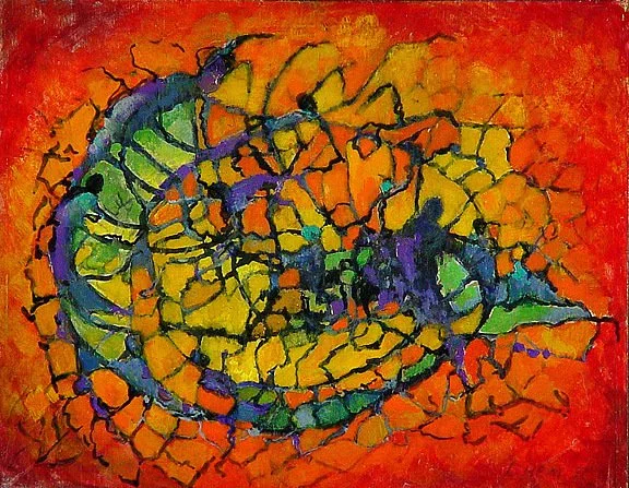 Im Netz, 1970. Öl auf Holz - H 400 mm B 500 mm.