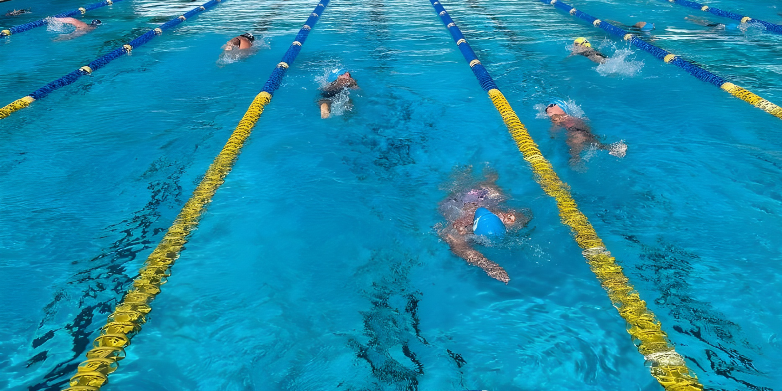 Swimmers in a swimming pool practicing or competing in individual lanes, wearing swim caps and goggles.