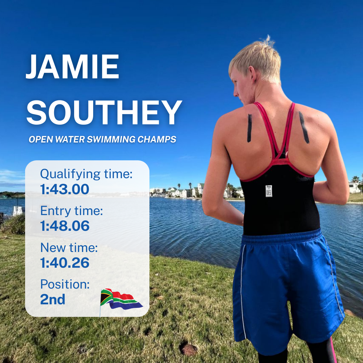 Female swimmer in athletic gear standing by a body of water with buildings and trees in the background, results screen showing her times and position in a swimming competition.