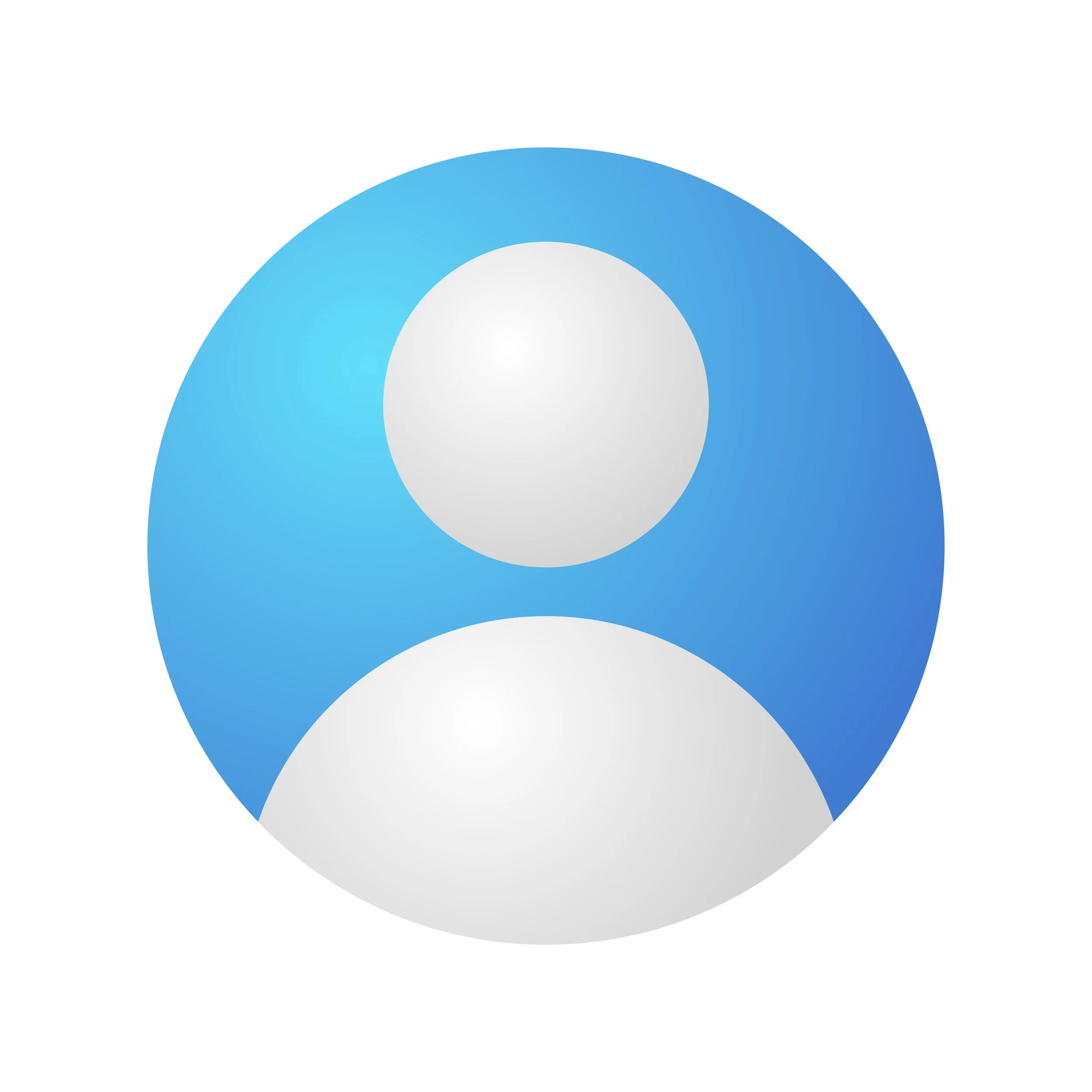 Minimalist avatar icon with a white circular head and rounded shoulders on a blue circular background.