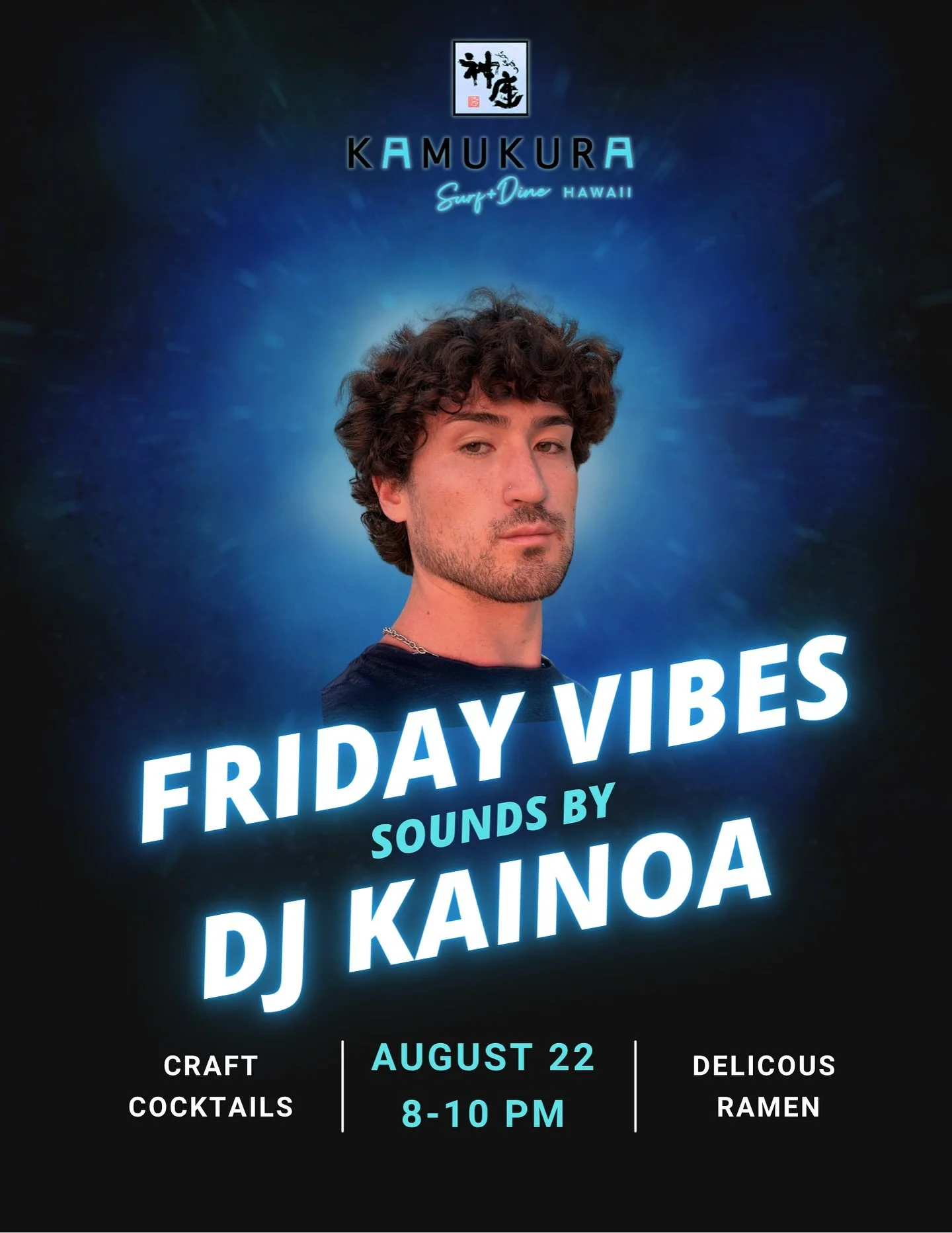 Excited to Host DJ @_kainoa__ . Join us for a night of music, cocktails, vibes, and delicious ramen, August 22nd from 8-10 pm.