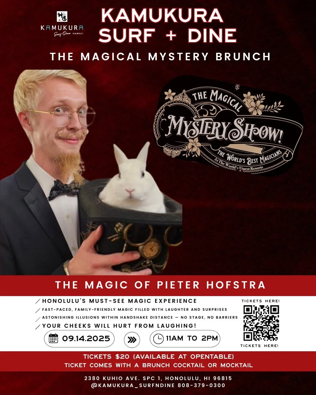 🎩✨ MAGIC SHOW BRUNCH &ndash; SEPT 14 ✨🎩 📍 Kamukura Surf + Dine | 11AM&ndash;2PM 🎟️ Tickets $20 (includes one brunch cocktail or mocktail) 🎉 Enjoy brunch, sip your cocktail, and settle in for the show!

Prepare to be amazed by Pieter Hofstra &mda