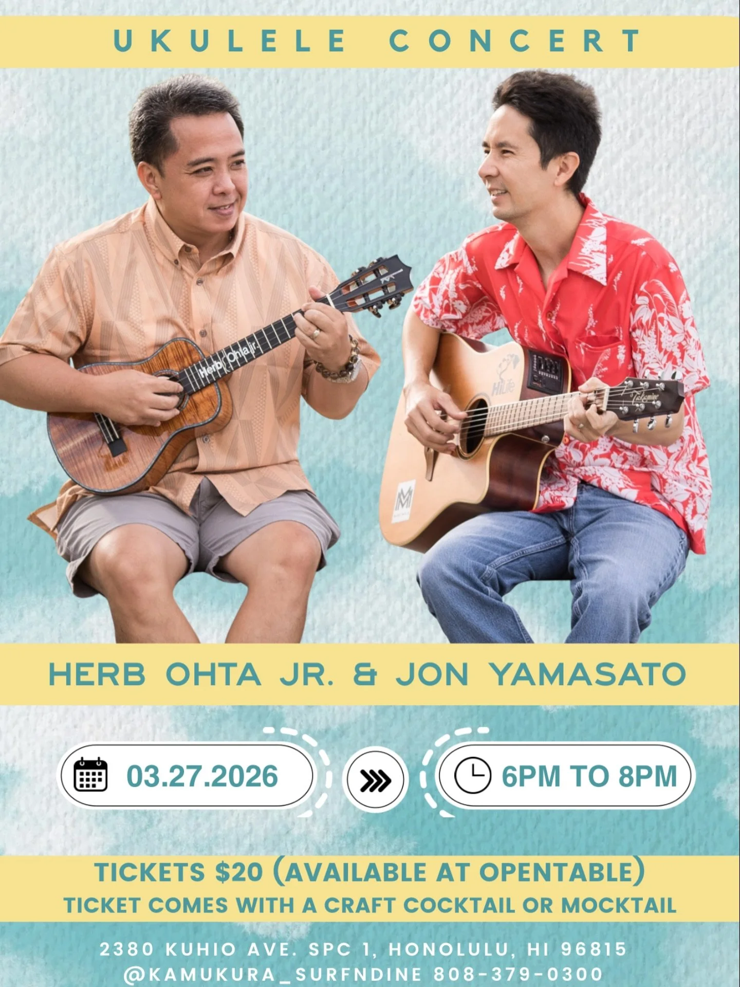 Due to the weather, concert was rescheduled to 3/27🎶Still have time to make a reservation and purchase tickets online! Link in bio🥰 #ukuleleevent #kamukurasurfndine #waikikievent