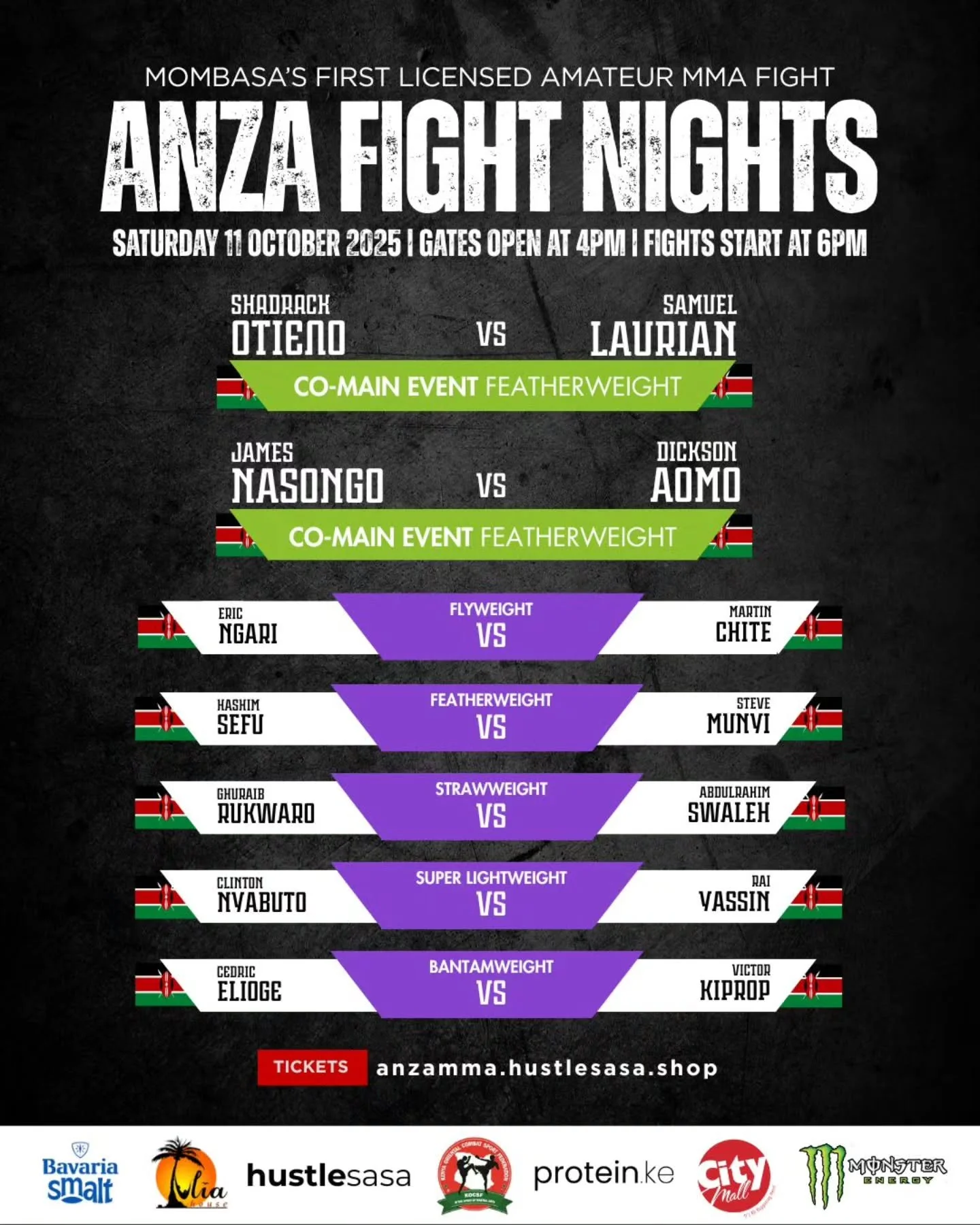 🇰🇪 ANZA MMA 3: The Mombasa Showdown! 💥

Get ready, Mombasa! ANZA MMA is back for our 3rd amateur competition, and this time we're bringing the heat to the coast with an all-Kenyan fighter lineup! 🔥

Witness the future of Kenyan MMA as the nation'