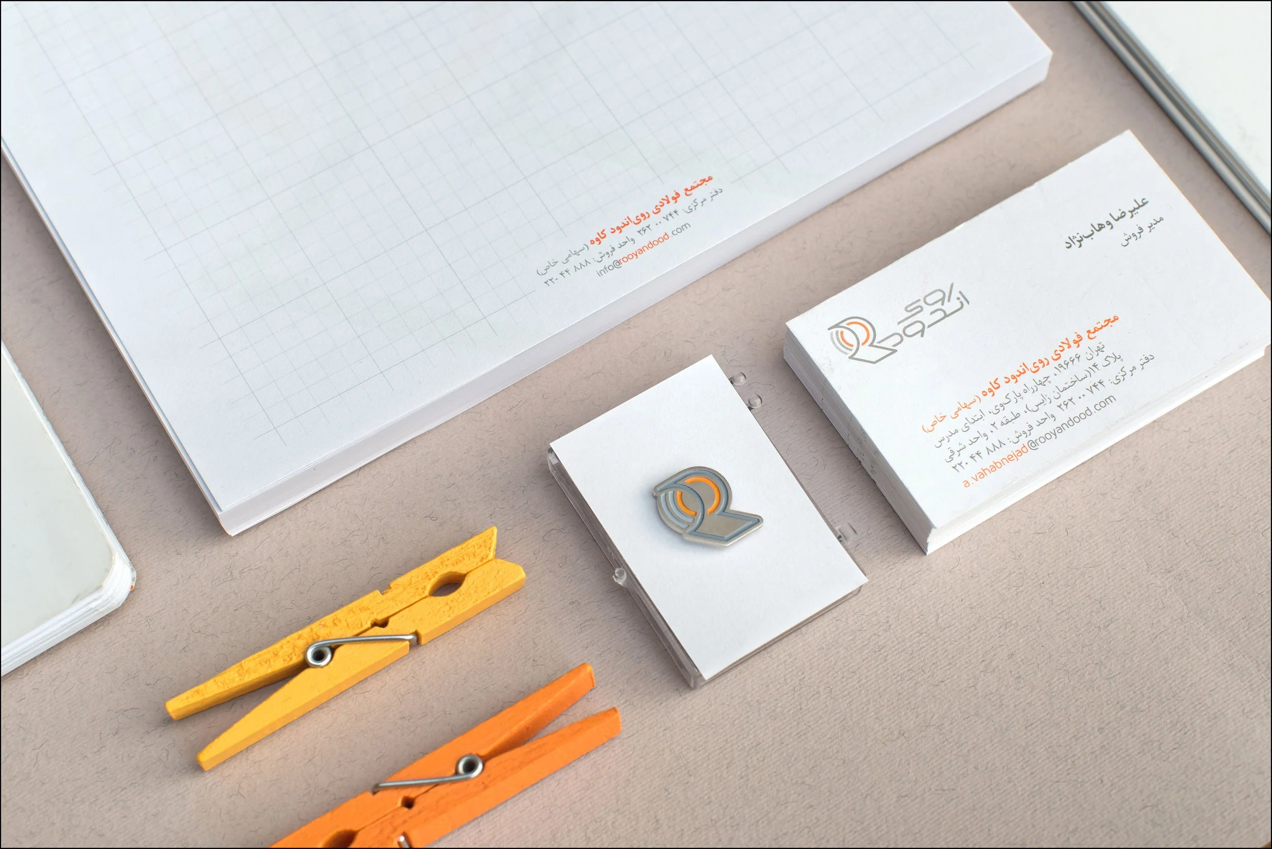 Business cards, a badge, branded clothespins, notebooks, and a pin on a beige surface for a company named 'ROOY'. 