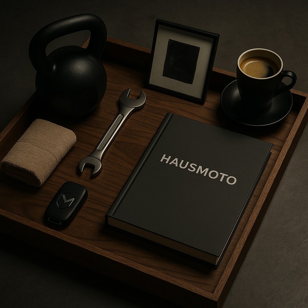 Wooden tray with a kettlebell, framed photo, espresso cup, wrench, bandage, and book titled 'Hausmoto', plus a car key.