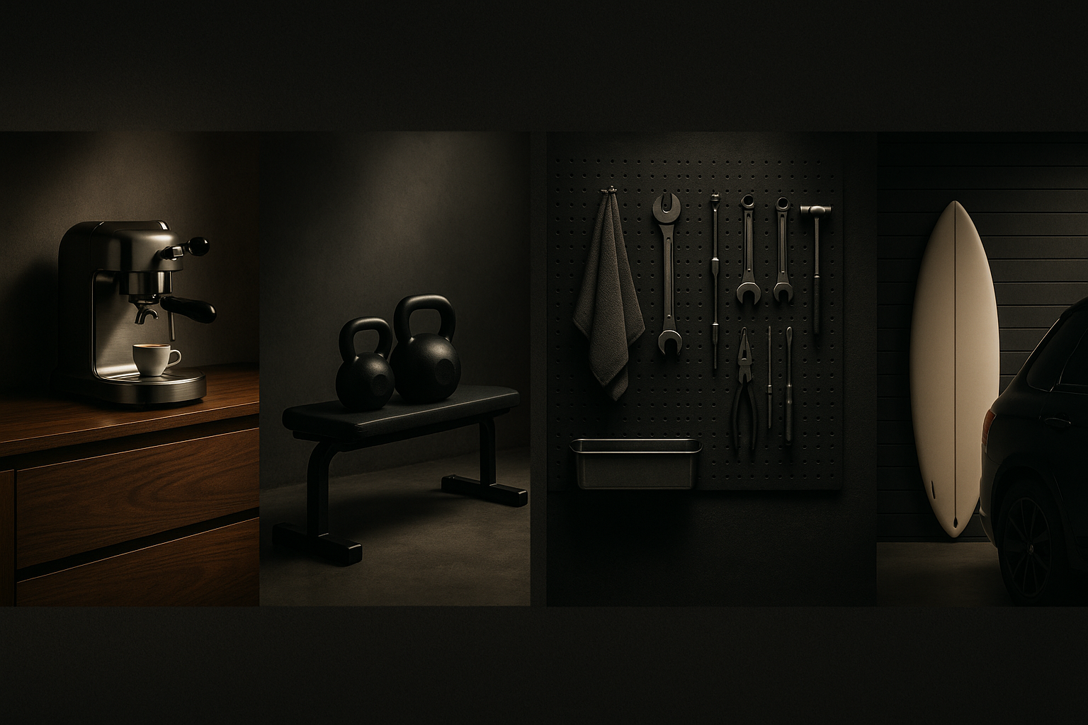 Modern minimalist room with an espresso machine, kettlebells on a bench, a pegboard with tools, and a surfboard next to a car.