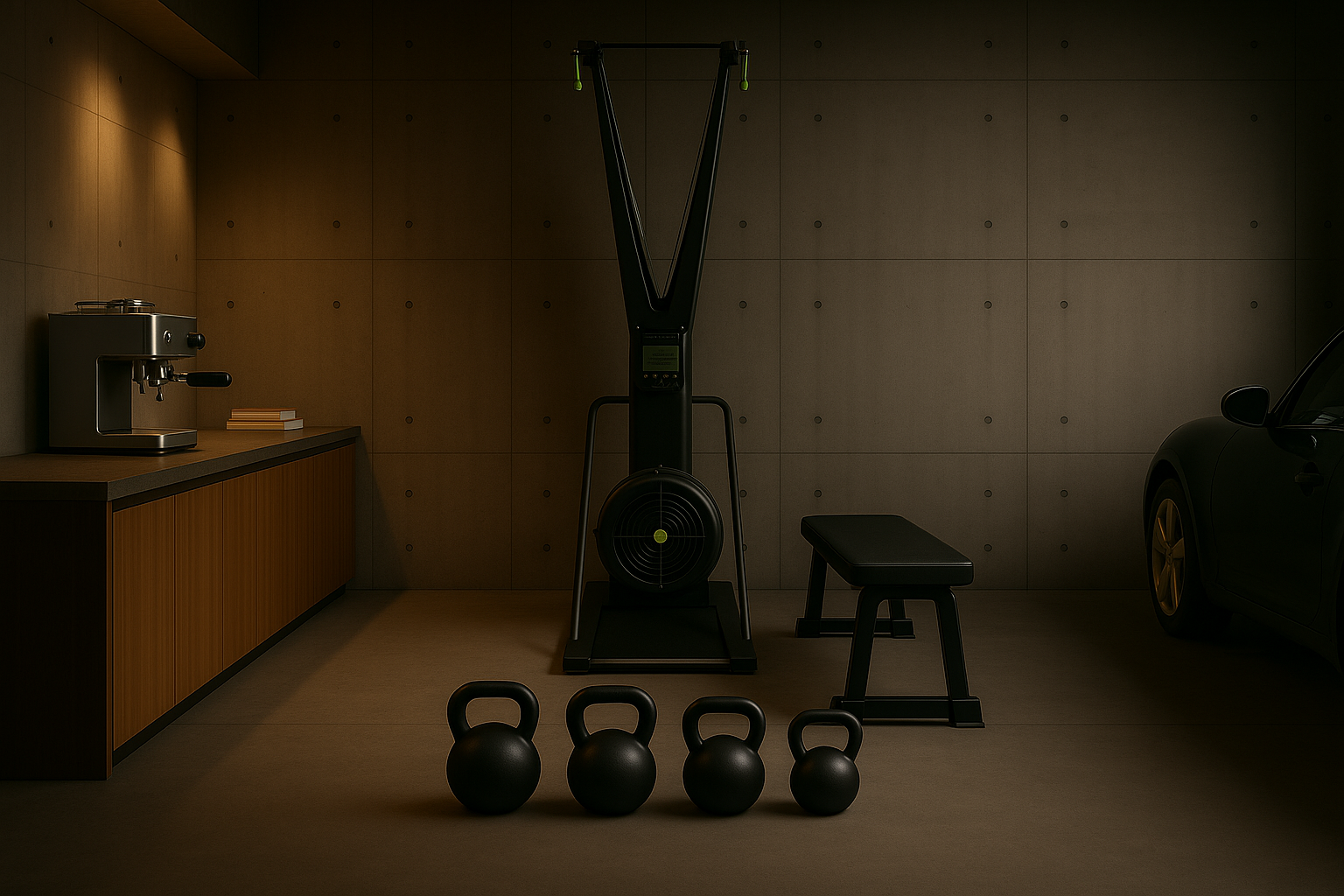 Home gym setup with a rowing machine, bench, kettlebells, espresso machine, and a car in a garage.