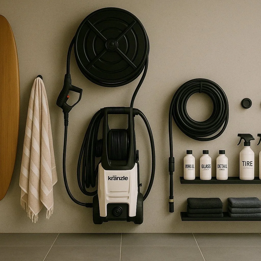 Garage wall with pressure washer, coiled hose, cleaning products, towels, and surfboard.