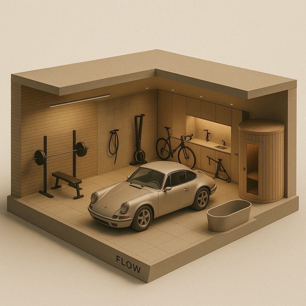Stylized 3D model of a luxury garage with a silver sports car, home gym equipment, bicycle, sink, and a sauna.