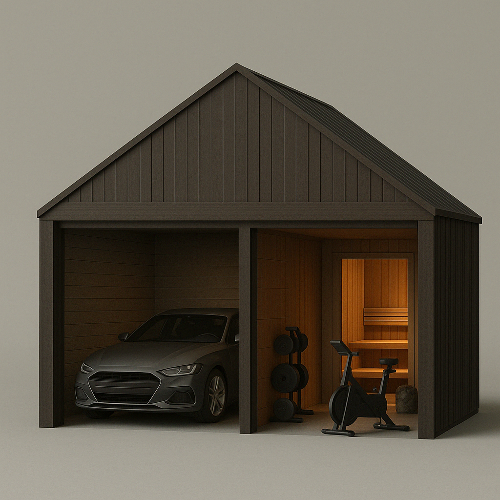 Illustration of a modern garage with a car, gym equipment, exercise bike, and sauna.