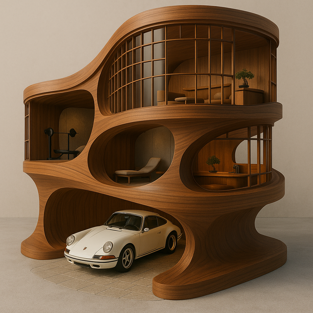 A modern, abstract wooden structure with multiple levels containing various rooms. The rooms are designed with large, open windows and contain furniture like a bench press, lounge chairs, and plants. A vintage white car is parked underneath the structure on a tiled floor.