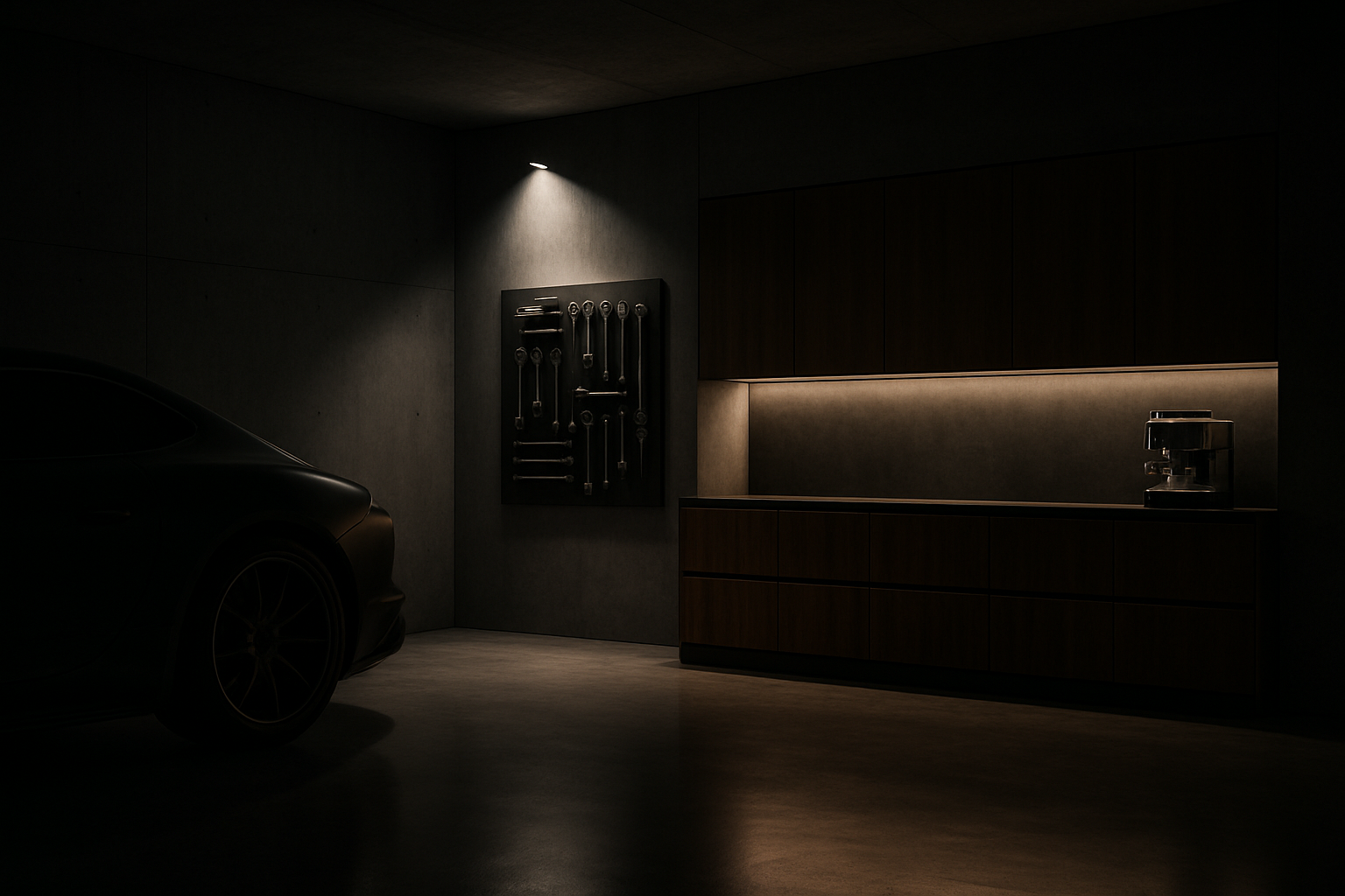 Dimly lit room with a sleek car silhouette on the left, a wall-mounted toolset highlighted by a spotlight, and a coffee machine on a countertop under cabinets on the right.