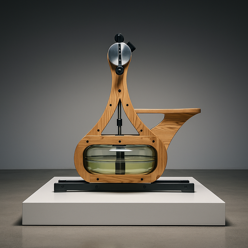 Modern art sculpture with wood and glass elements on a pedestal