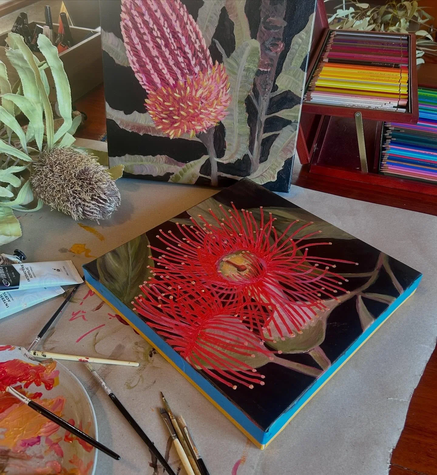 Today&rsquo;s beautiful mess and a sneak at works in progress. Was time to swap the pen for a paint brush&hellip;although these are probably going to get some pen work too. #botanicalart  #wanativeplants #perthartist