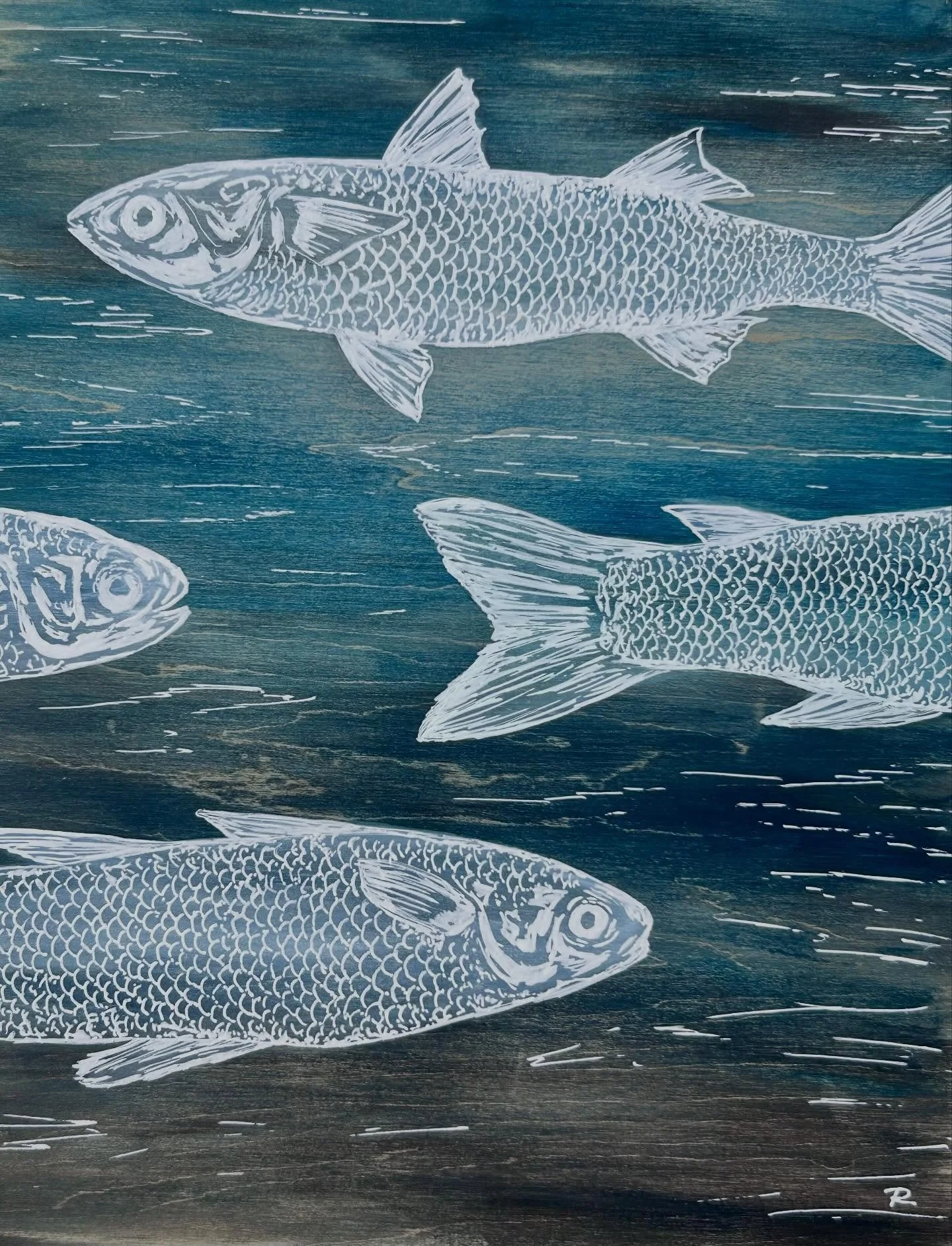 🐟 Mullet Run 🐟My boys are fishing and so am I&hellip;..I am having more success. Swapped my black pens out for white, applied over paint wash on ply. This little will be available @peelharveycc Wonders of our Wetlands festival this Saturday. Head t