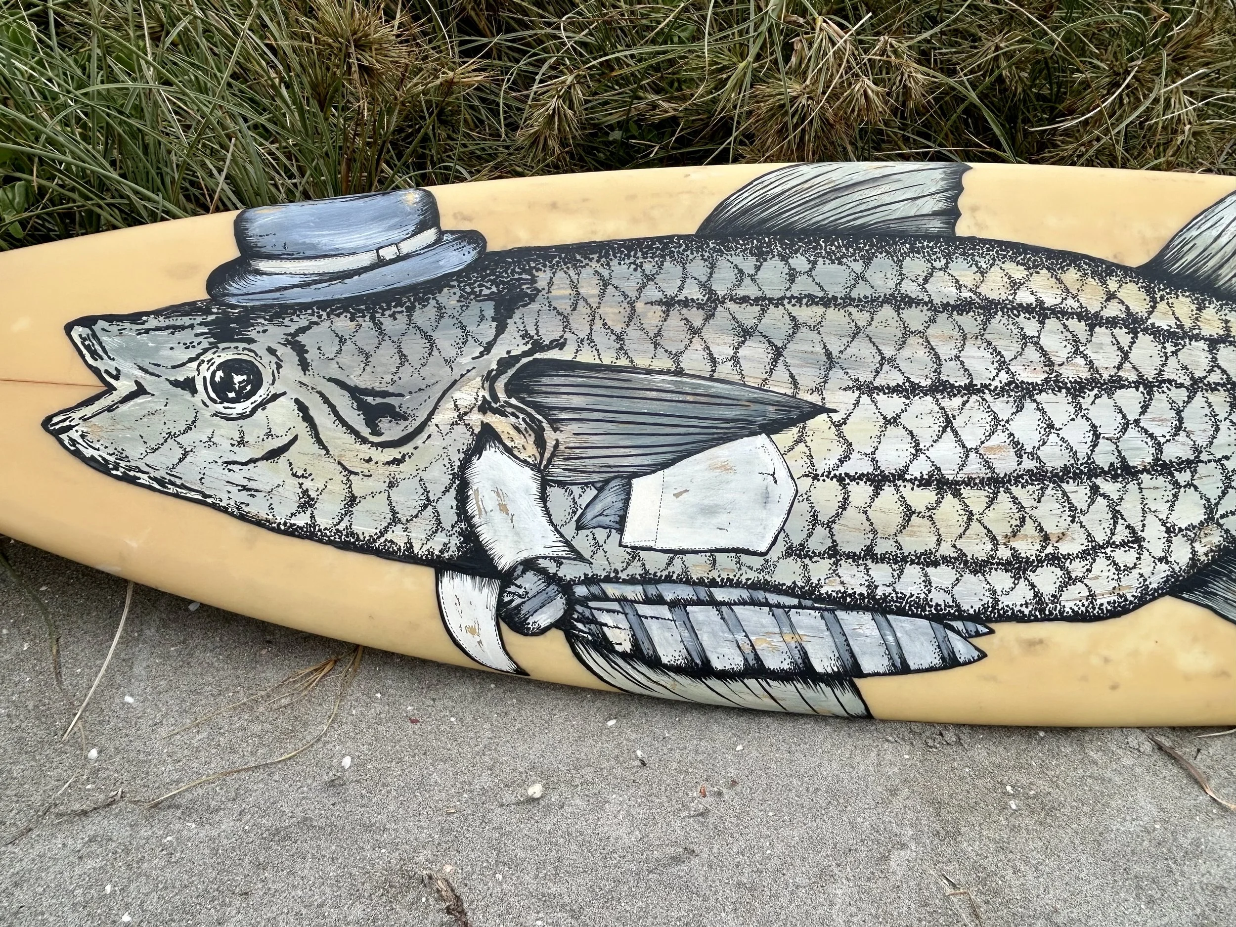 Fancy Mullet paint pen and paint on surfboard, original artwork, Renee Barton