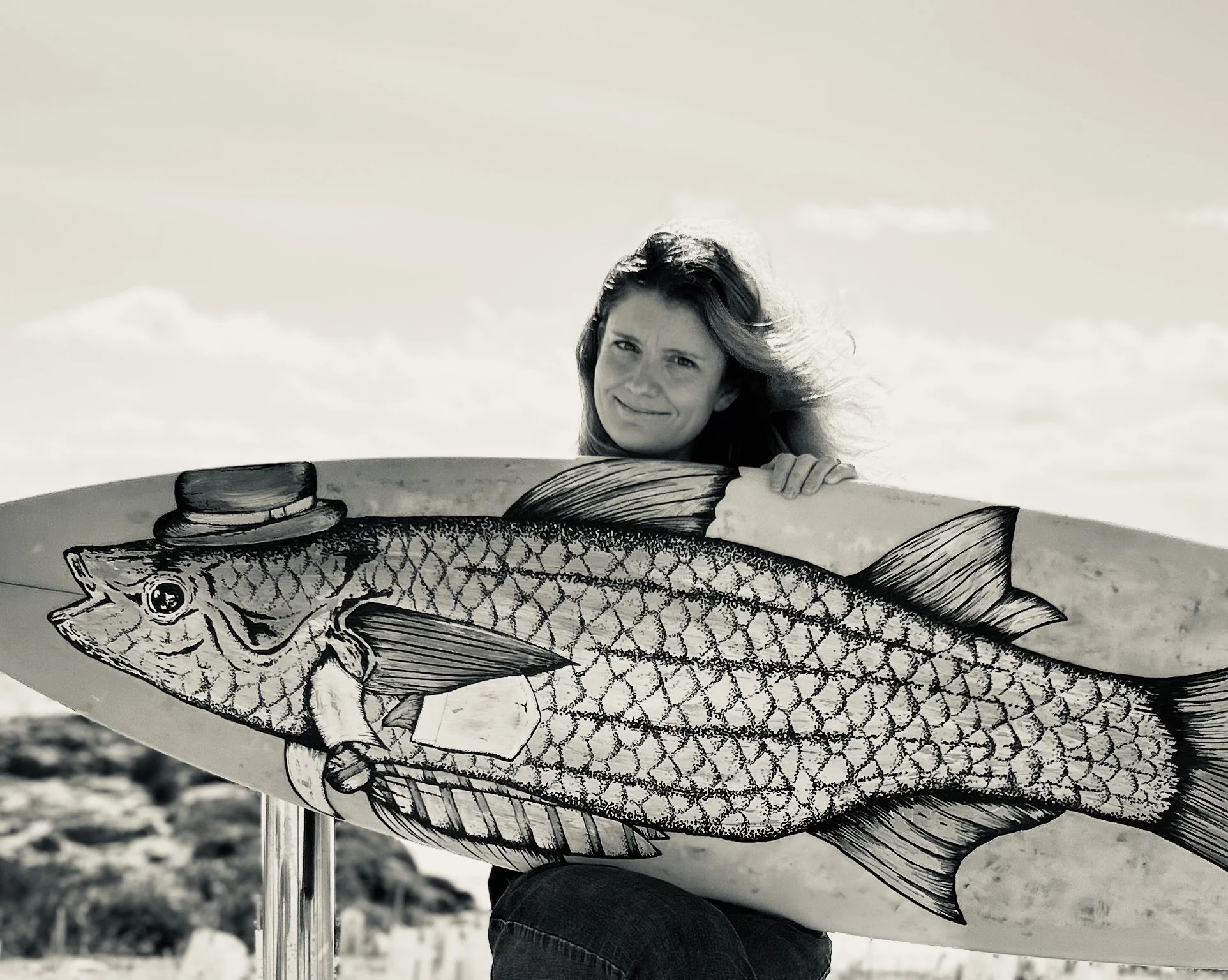 Fancy Mullet paint pen and paint on surfboard, original artwork, Renee Barton