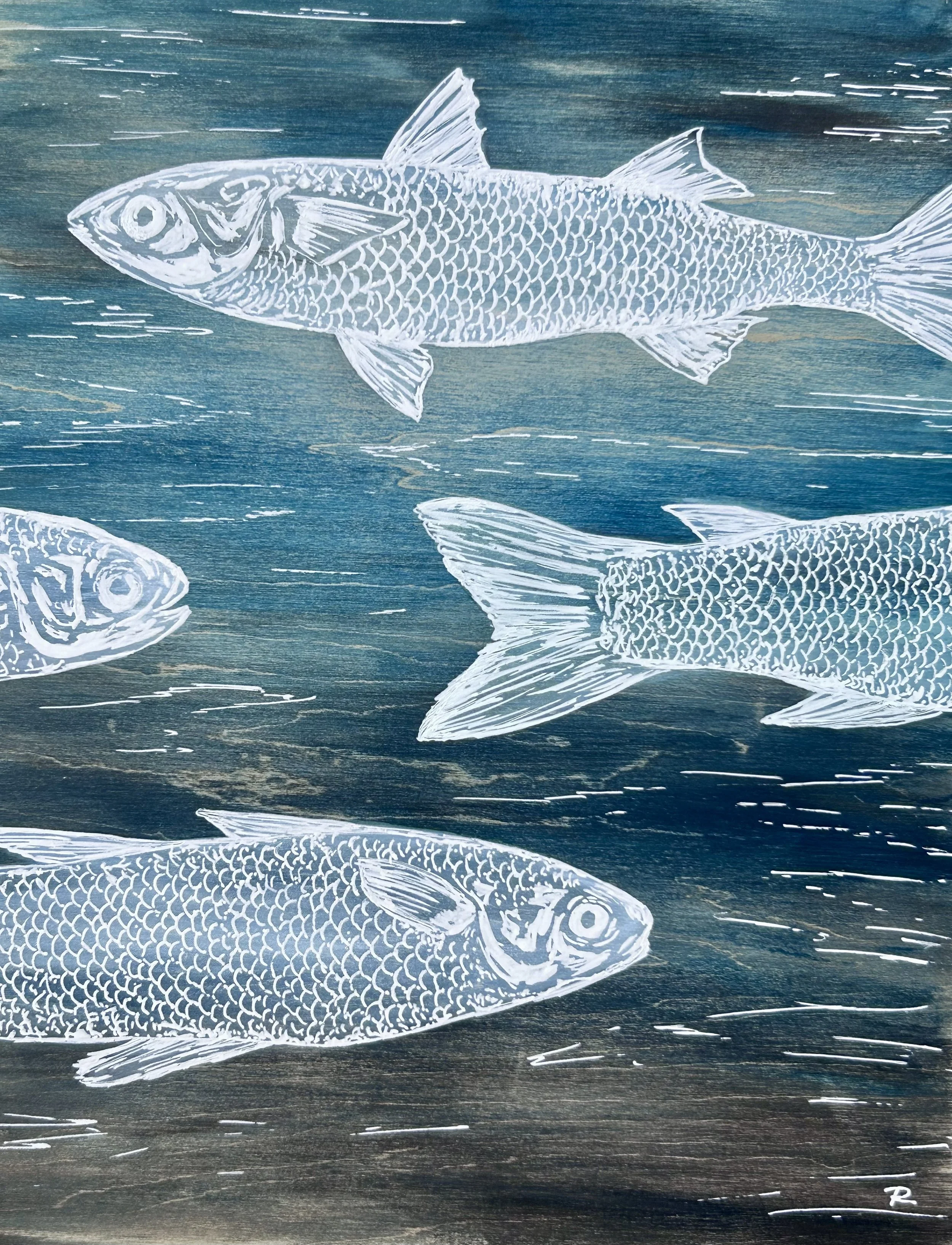 Mullet run fish pen illustration and paint on ply, original artwork, Renee Barton 