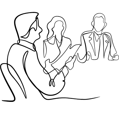Disegno a linee di tre persone in una riunione, due uomini e una donna, che discutono.
