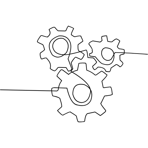 Tredici ingranaggi che si intersecano tra loro, disegnati con linee nere sottili su sfondo bianco.