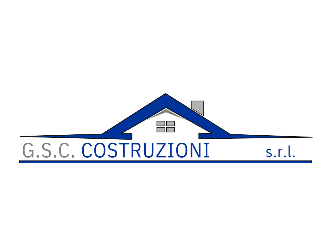 Logo di una impresa di costruzioni con un tetto di casa stilizzato e il nome G.S.C. COSTRUZIONI s.r.l.